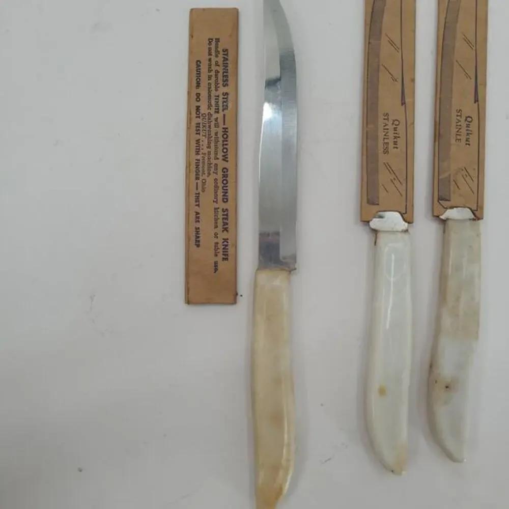 Mid Century Quikut Stainless Steel Early Plastic White Handle 3 Steak‎ Knives